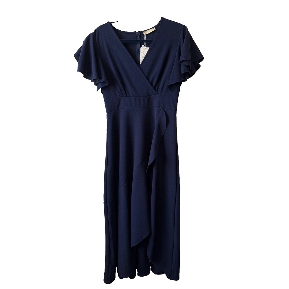 NWT Navy Blue Wrap Ruffle Maxi Dress L Wedding Guest Formal Flutter Sleeve Flowy